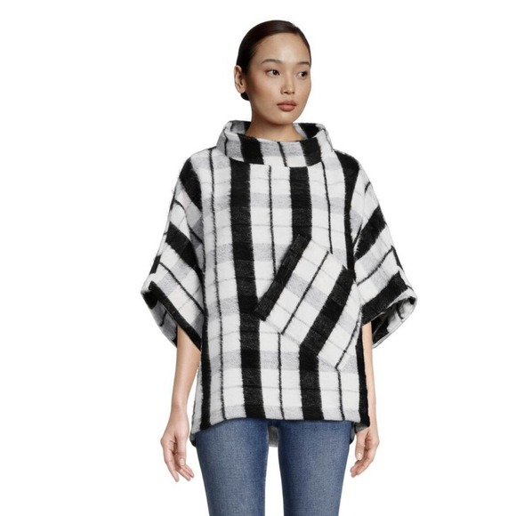 World Market One Size Cecil Black White Multi Funnel Pullover Poncho Jacket NWT - Picture 5 of 16